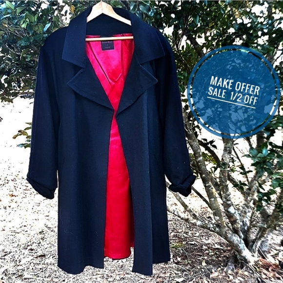 Connie Manos Womens Coat Jacket Long Black Red Silky Lining - Picture 6 of 6